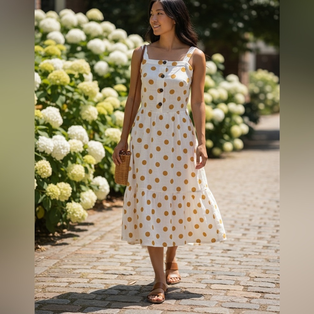 Monteau Polka Dot Midi Sundress Small Cream Yellow Button Front Boho
